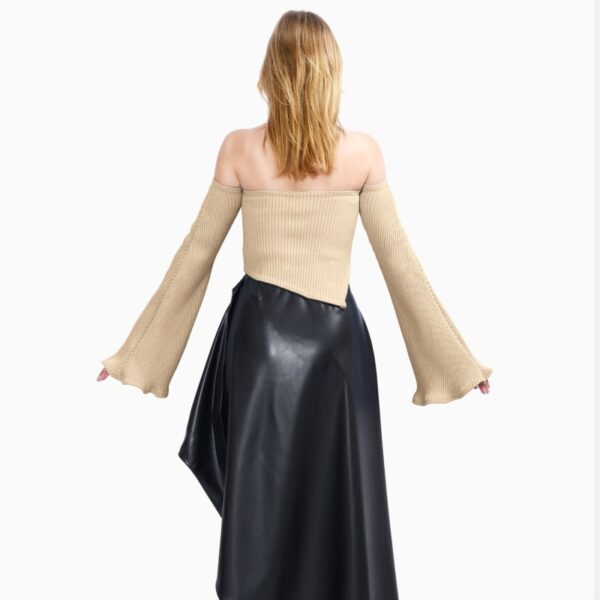 Beige Bloom Off Shoulder Rib Knit Sweater Way05 - Image 3