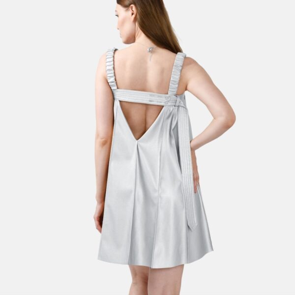 Silver Pleated Vegan Leather Mini Dress Rv04 - Image 3