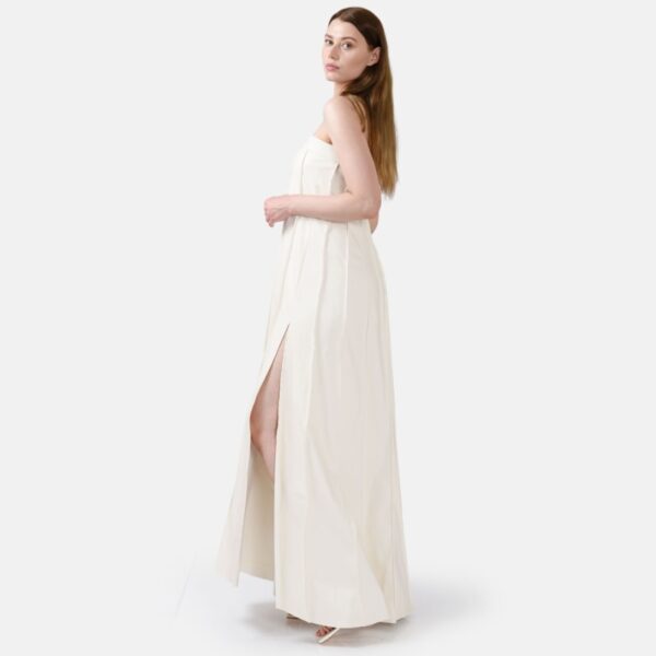 White Strapless Pleated Vegan Leather Maxi Dress Sun04 - Image 3
