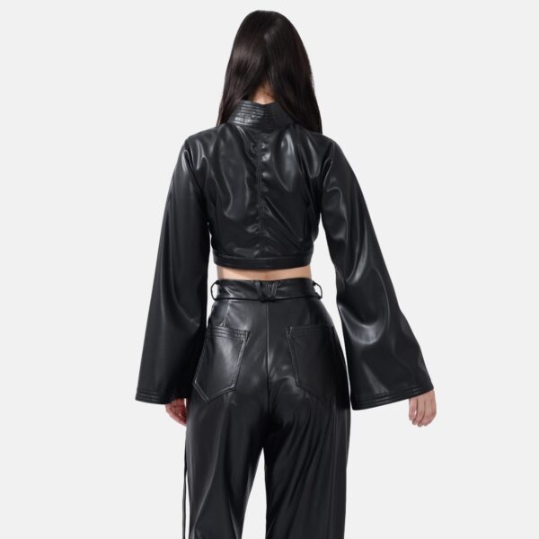 Black Vegan Leather Cropped Jacket Lan03 - Image 2