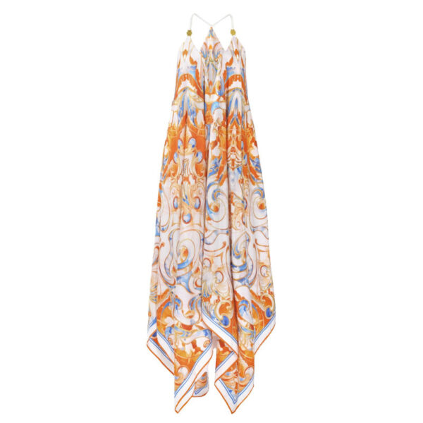 White Blue Orange Pure Silk Slip Maxi Dress Or02