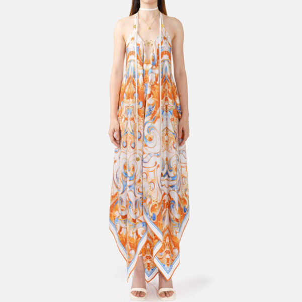White Blue Orange Pure Silk Slip Maxi Dress Or02 - Image 2