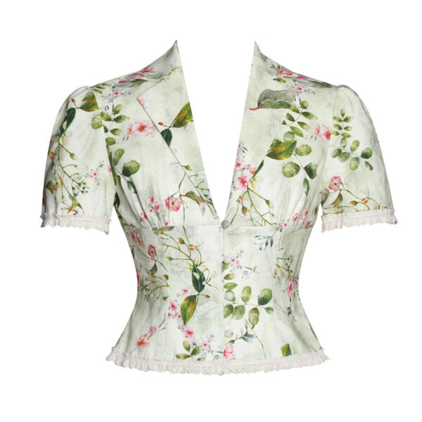 Zanella Green Floral Print Lace Trim Linen Top Sun07